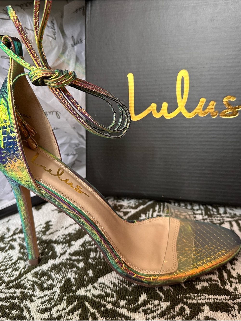 Lulu's Iridescent Ankle-Tie Stiletto Sandals - Holo
